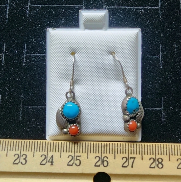 Native American Old Pawn Sterling Silver/Turquoise/Coral Earrings Drop